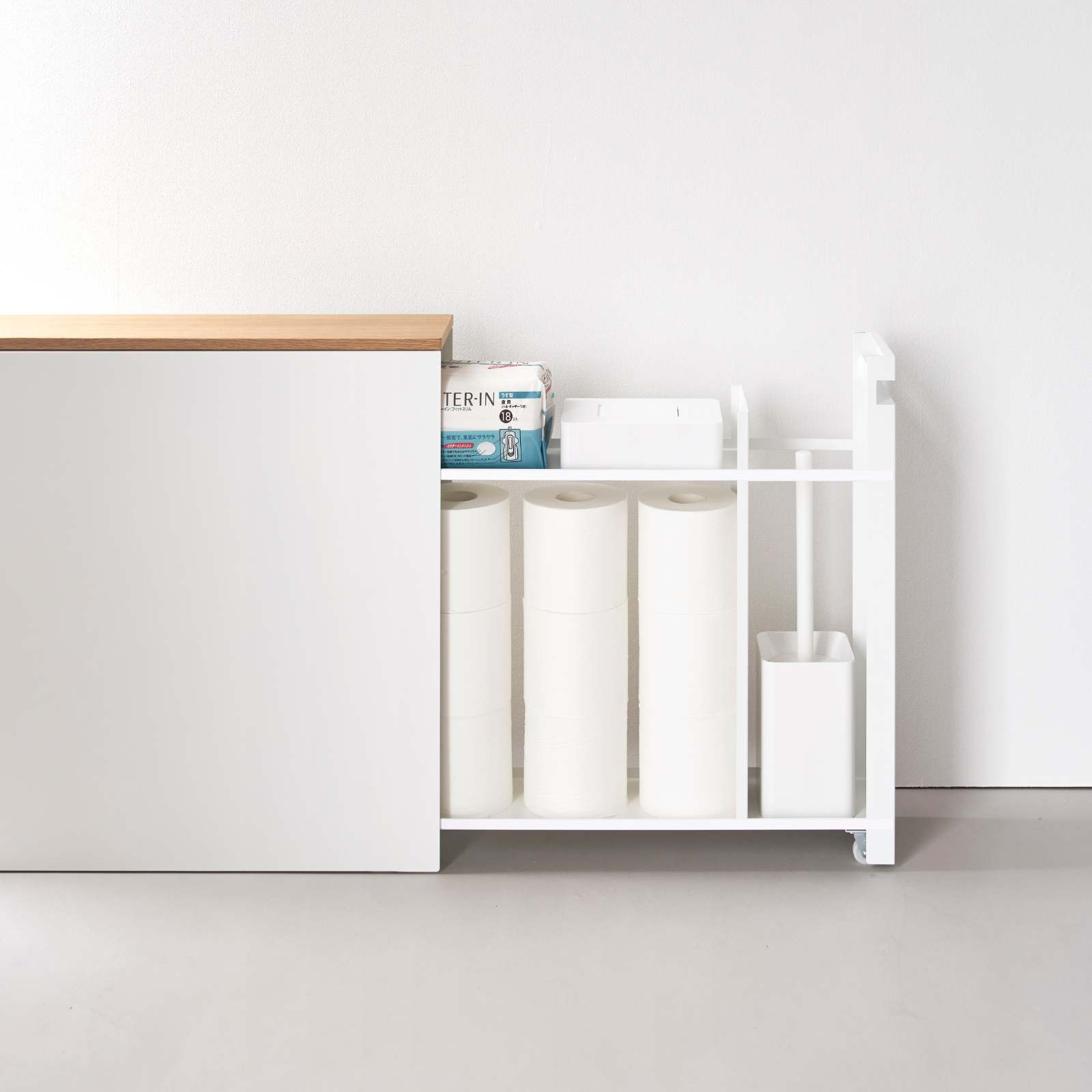 Auszieh-Regal mit Holzablage TOWER weiss 