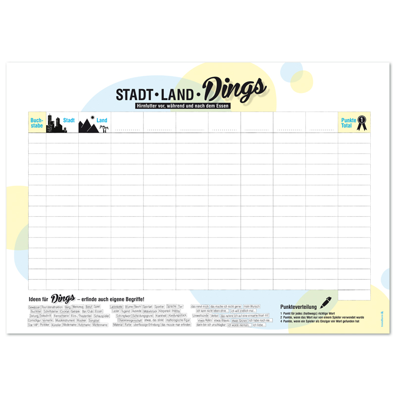 Papiertischset STADT-LAND-DINGS 50er Set Block mit 50 Blatt