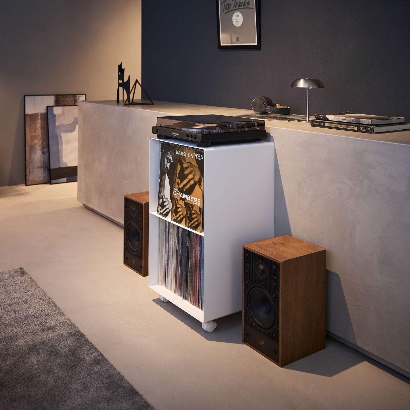 2-stöckiges Schallplatten-Regal mit Rollen TOWER weiss 