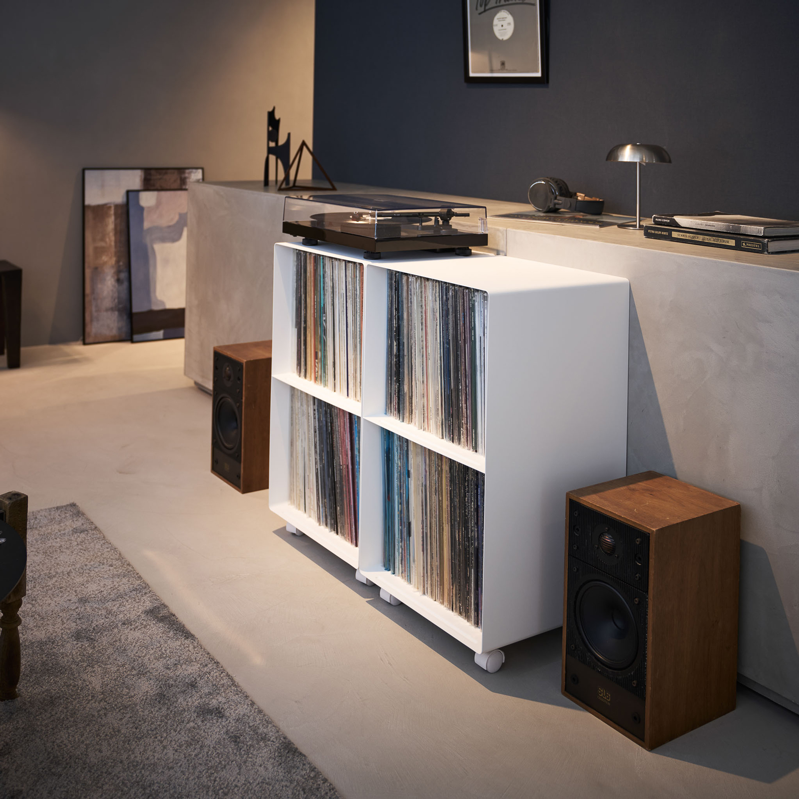 2-stöckiges Schallplatten-Regal mit Rollen TOWER weiss 